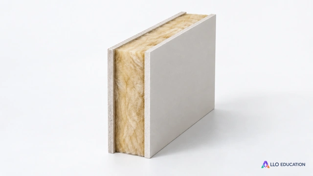 Une petite coupe matérielle de paroi avec une couche isolante beige entre deux plaques rigides, objet entier isolé sur fond clair et sans légende.