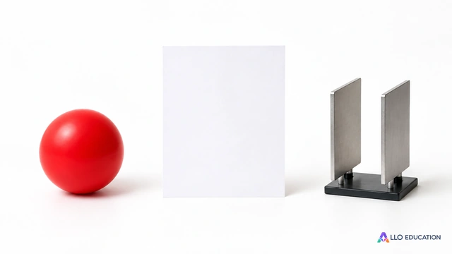 À gauche une balle rouge unie ; au centre une feuille blanche vierge ; à droite un petit support de deux plaques métalliques parallèles sans inscription