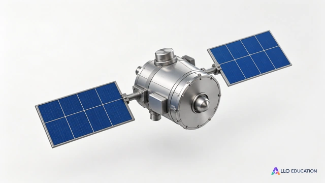 Un modèle réduit de satellite au corps métallique uni avec deux petits panneaux bleus, isolée sur fond clair sans inscription.