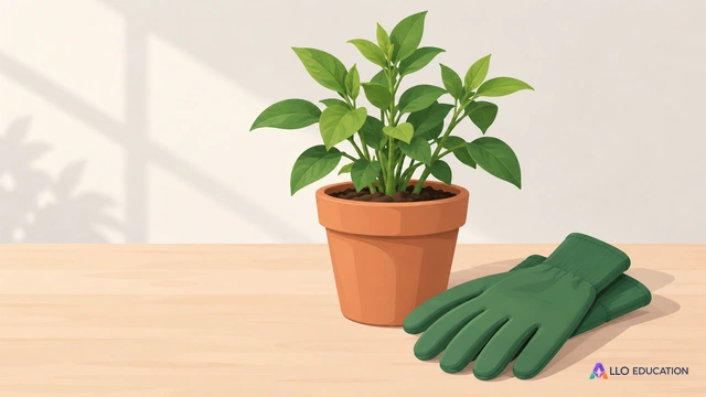 Une plante en pot et des gants unis évoquent une activité professionnelle à apprendre et à observer.