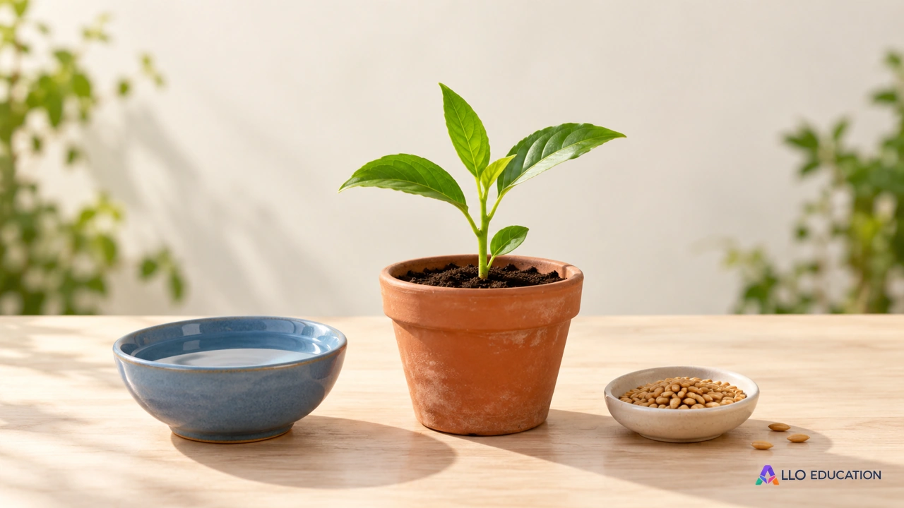 Jeune plante verte, bol d’eau et graines sur une table de jardin.