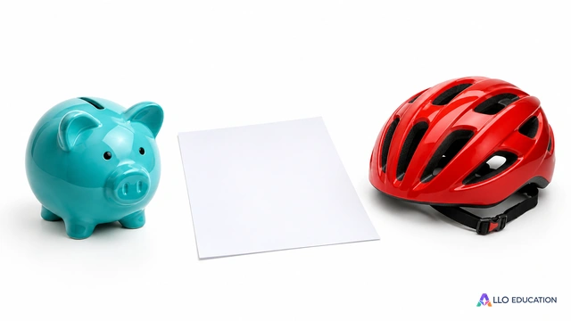 Tirelire turquoise, feuille vierge et casque rouge : trois supports d’un atelier.