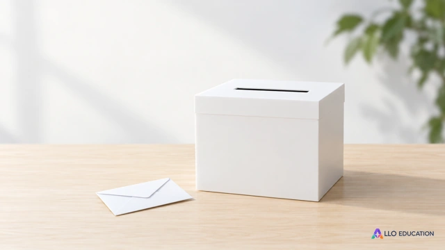 Une urne blanche et une enveloppe fermée sur une table claire.