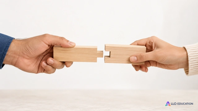 Deux mains assemblent ensemble une pièce de bois simple, sur fond clair.