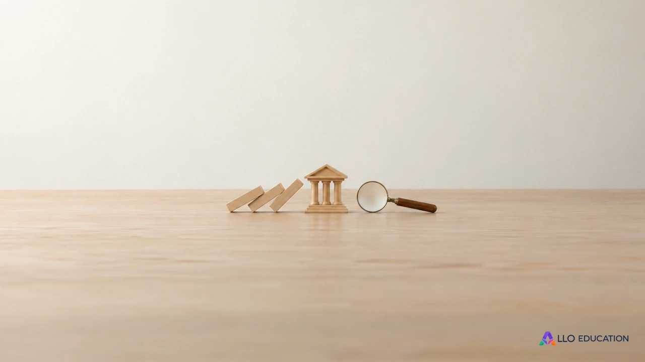 Des dominos, une petite banque en bois et une loupe sur une table claire.