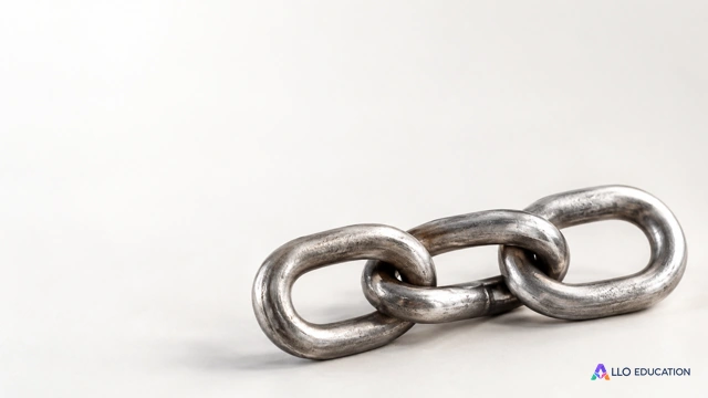 Une courte chaîne de trois maillons métalliques solidement reliés, sur fond clair.