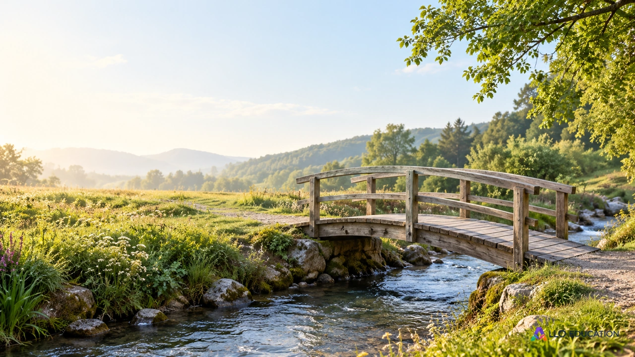 Un petit pont de bois reliant les deux rives d’un ruisseau paisible.