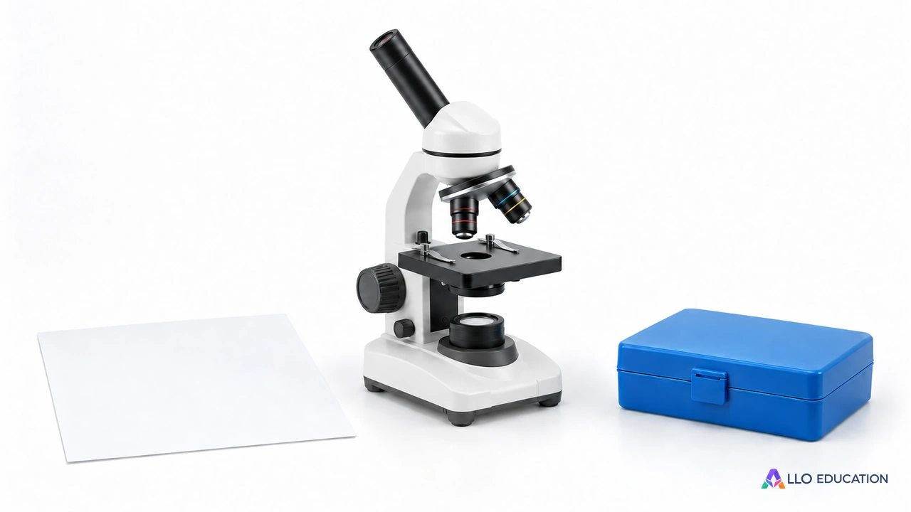 Microscope sans marque, feuille vierge et boîte bleue : supports d’un atelier de SVT.