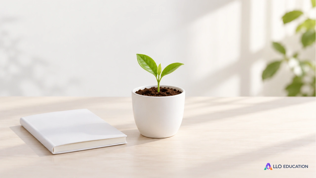 Une pousse verte en pot et un carnet fermé sur une table claire.