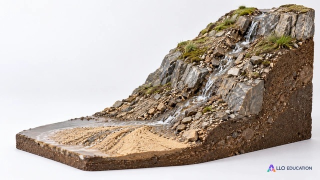 Coupe de terrain illustrée : pente rocheuse, filet d’eau et dépôt de sable.