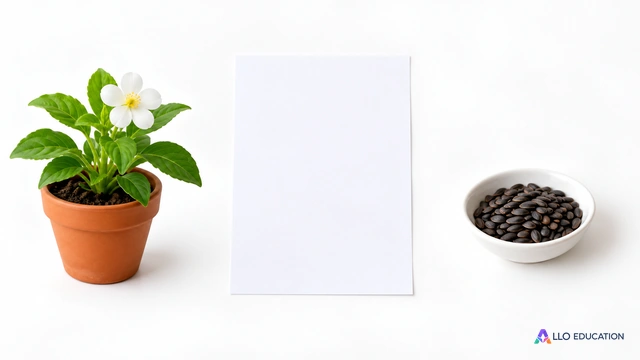 À gauche un petit pot de plante verte avec une fleur simple ; au centre une feuille de papier entièrement blanche ; à droite une petite coupelle contenant des graines sombres.