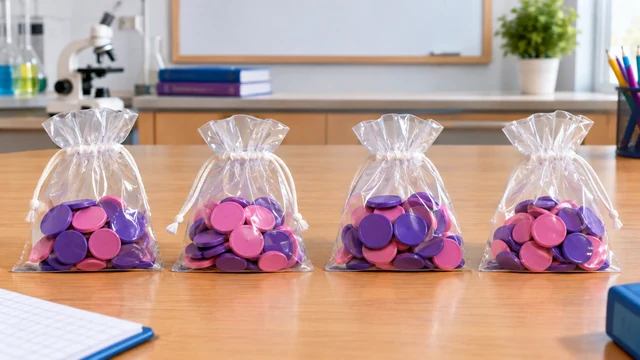 Illustration éditoriale montrant un laboratoire pédagogique avec des jetons violets et roses, sans texte.