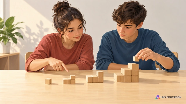 Couverture éditoriale dessinée et peinte muette : deux adolescents fictifs, une fille et un garçon, comparent plusieurs petits ensembles de blocs de bois unis sur une table.