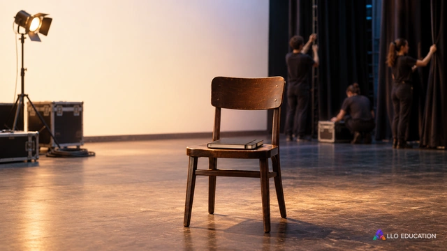 Une chaise de scène vide et un cahier fermé comme sujet central, équipe de théâtre discrète dans le fond ; composition éditoriale muette, aucune récompense, aucun mot.
