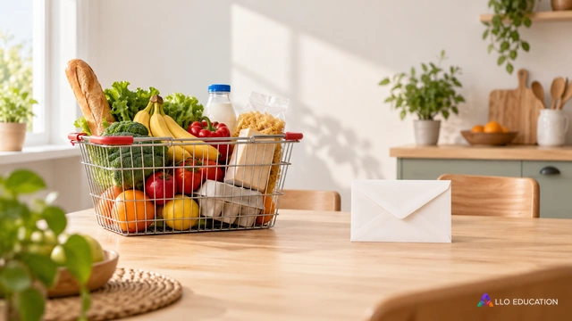 Un panier de courses et une enveloppe fermée posés sur une table claire : dépenser maintenant ou réserver une part du revenu.