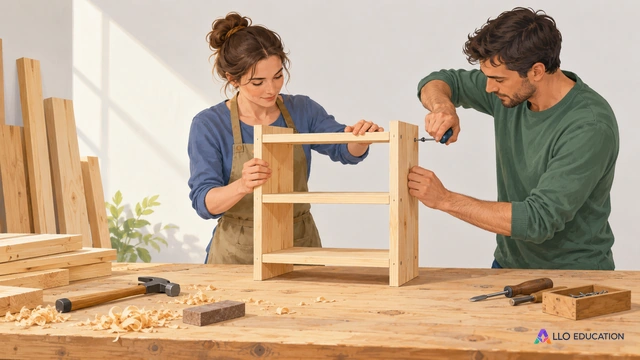 Illustration peinte sans texte : gros plan d’un établi clair où deux adultes fictifs assemblent ensemble une petite étagère en bois, outils sobres et copeaux visibles, bois.
