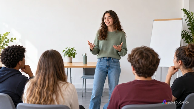 Une personne fictive prend la parole dans une salle collective sobre, avec quelques auditeurs attentifs ; un geste ouvert occupe le centre et un mur clair reste calme, sans tex.