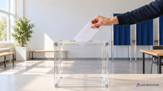 Couverture muette : une urne transparente vide avec fente, au centre d’un espace civique clair ; une main fictive approche une enveloppe unie. Sujet unique, geste démocratique.