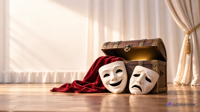 Un coffre entrouvert et deux masques de théâtre sobres posés devant un rideau clair, sujet central net ; couverture muette, sans titre ni badge.