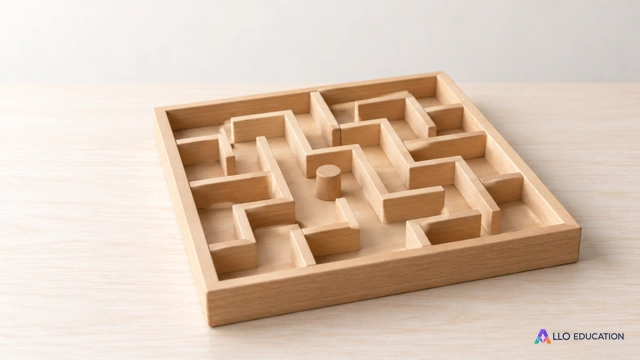 Un petit labyrinthe en bois clair et un pion uni évoquent le suivi d’une suite d’actions, sans lettre, chiffre ou graduation.