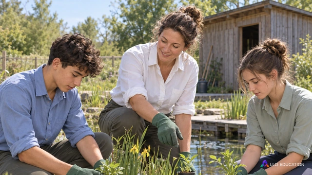 Des apprentis prennent soin de jeunes plantes près d’un petit bassin pédagogique, sans inscription.