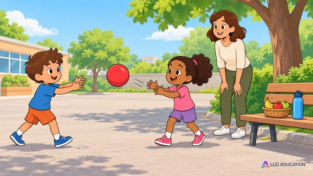 Illustration Allo Primaire muette : deux enfants fictifs jouent calmement à se passer un ballon uni dans une cour arborée claire, un adulte fictif les accompagne ; sur un banc.