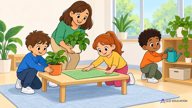 Illustration Allo Primaire muette : trois enfants fictifs variés et une enseignante fictive aménagent ensemble un petit coin de plantes dans une classe claire ; un enfant pose.