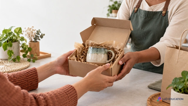 Une tasse artisanale emballée dans une boîte ouverte au centre, main de vendeuse et main de cliente réunies autour du colis ; composition éditoriale muette sur fond clair, aucun te