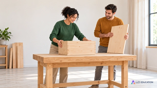 Deux adultes fictifs préparent une malle unie et un panneau de bois sur un établi dans un atelier lumineux.
