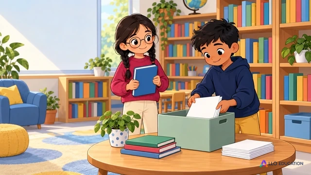 Léna et Ilan, deux enfants fictifs, préparent un rangement : elle tient un livre bleu fermé et il pose des feuilles blanches dans une boîte.