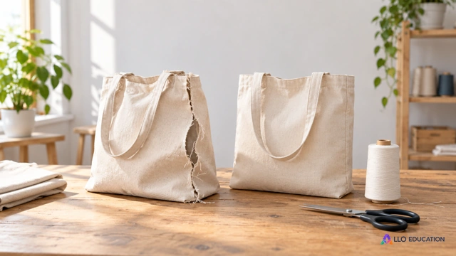 Un sac uni à réparer près d’un sac réparé et d’outils sans marque sur un établi.