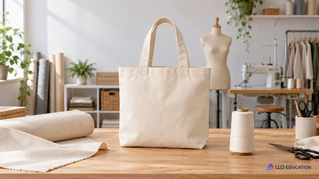 Un sac en toile uni et ses matières dans un atelier de fabrication.