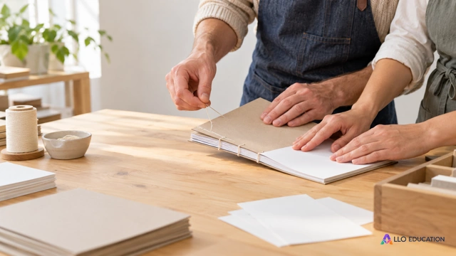 Des mains assemblent un carnet sans inscription sur une table claire.