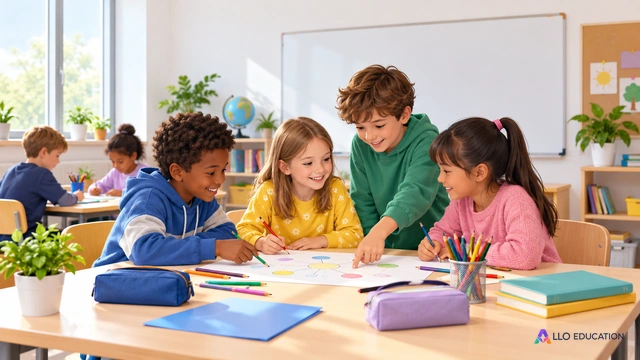 Enfants fictifs autour de plusieurs activités partagées dans une salle de classe, livre, crayons et outils visibles, aucune inscription.