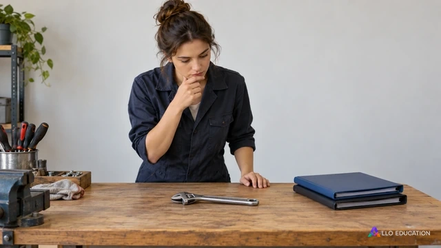 Une personne examine un outil de travail posé sur un établi, près de deux dossiers fermés unis.