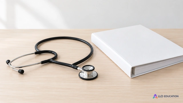 Sur une table claire de cabinet, stéthoscope noir simple à tubulure continue avec pavillon métallique et dossier fermé entièrement blanc sans inscription, composition centrale sobr