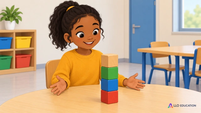 Dans une classe fictive de CE1 au fond clair sans affichage, Nina, fille fictive à peau brune, cheveux noirs attachés et pull ocre uni, sourit devant une petite tour stable de quat