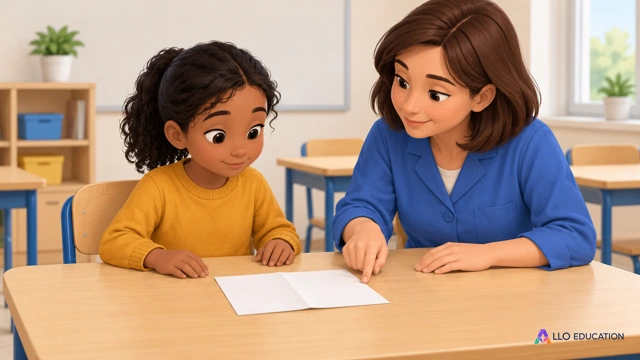 Dans une classe fictive de CE2 au fond clair sans affiche, Nina, fille fictive à peau brune, cheveux noirs attachés et pull ocre uni, est assise à une table de bois clair avec une