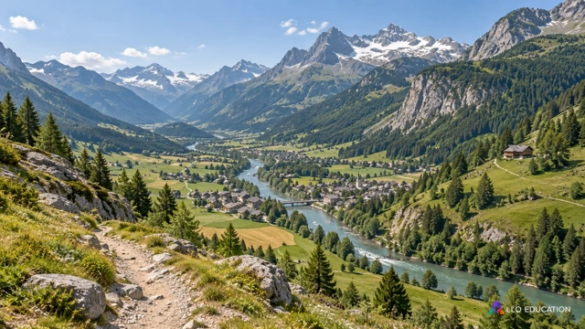 Vue fictive d’une vallée rurale avec cultures, village et chemins ; aucune localisation réelle ni distance n’est déduite de cette couverture.