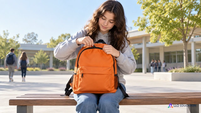 Un sac orange en toile et sa fermeture, sujet central posé sur un banc, silhouettes discrètes éloignées ; aucun mot, chiffre ou étiquette de grammaire.