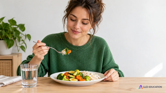 Une adulte fictive en pull vert commence un repas simple, assiette blanche de légumes et riz, verre d’eau transparent, fourchette tenue naturellement, table claire et mur uni ; auc