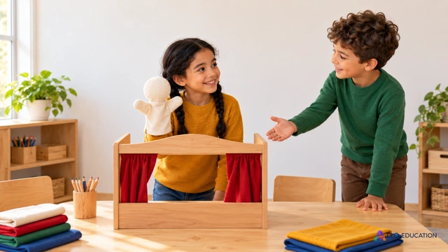 Deux enfants fictifs se rencontrent dans un atelier de marionnettes, l’une tenant une marionnette près d’elle.