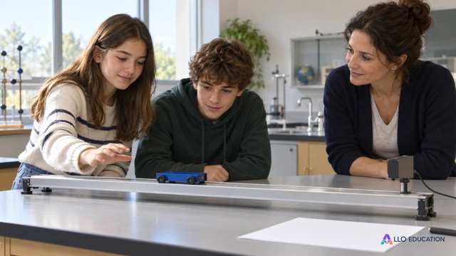 Deux lycéens fictifs et une enseignante observent un chariot pédagogique sur une table de laboratoire ; les schémas du parcours fournissent les données de mesure exactes.