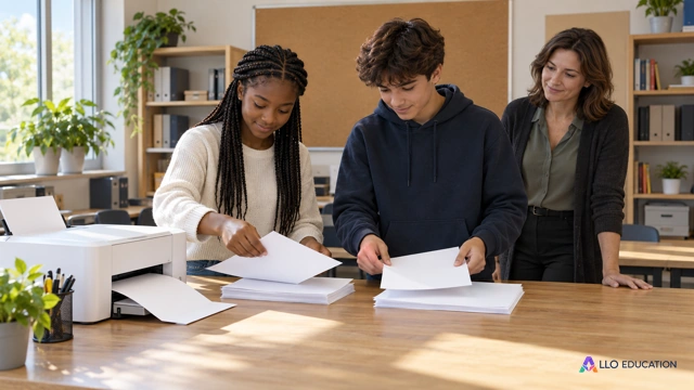 Deux adolescents organisent des feuilles vierges près d’une imprimante, avec une enseignante, dans un atelier scolaire clair ; le dossier décrit leur projet de journal.