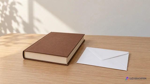 Livre fermé uni marron sans titre ni marque et lettre pliée entièrement blanche sur une table claire, objets seuls centrés dans une composition littéraire calme, aucune écriture ni