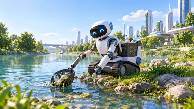 Un robot imaginaire de nettoyage, sujet central au bord d’une rivière claire restaurée, arrière-plan de ville future sobre ; aucune interface, aucun chiffre ni texte, fiction assum