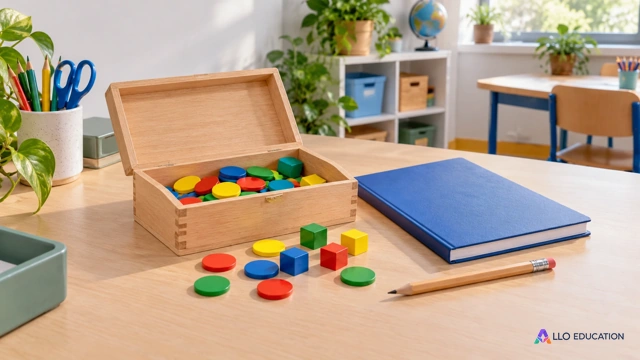 Une boîte de jetons colorés en bois sur une table claire, près d’un cahier bleu fermé et de fournitures : préparer un calcul à partir de quantités.