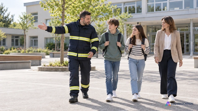 Dans la cour calme d’un collège fictif, un pompier adulte en tenue bleu marine unie et bandes réfléchissantes neutres guide doucement deux élèves adolescents vers un espace dégagé.
