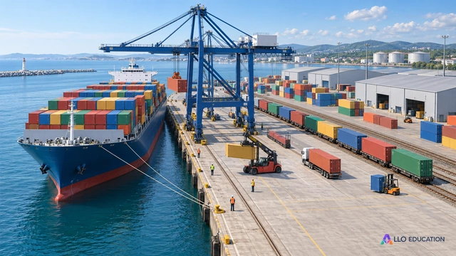 Port fictif en plein jour : porte-conteneurs au quai, grues et voies ferrées qui prolongent le terminal vers les entrepôts. Coque et conteneurs unis, aucune inscription ou.