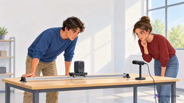 Deux jeunes adultes observent un haut-parleur sur chariot et un microphone fixe dans une salle nue, sans inscription.